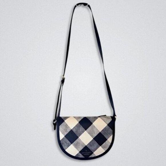 Kate Spade New York Luna Crossbody Bag Gingham Woven Straw Crescent Blue/ White - Picture 2 of 16